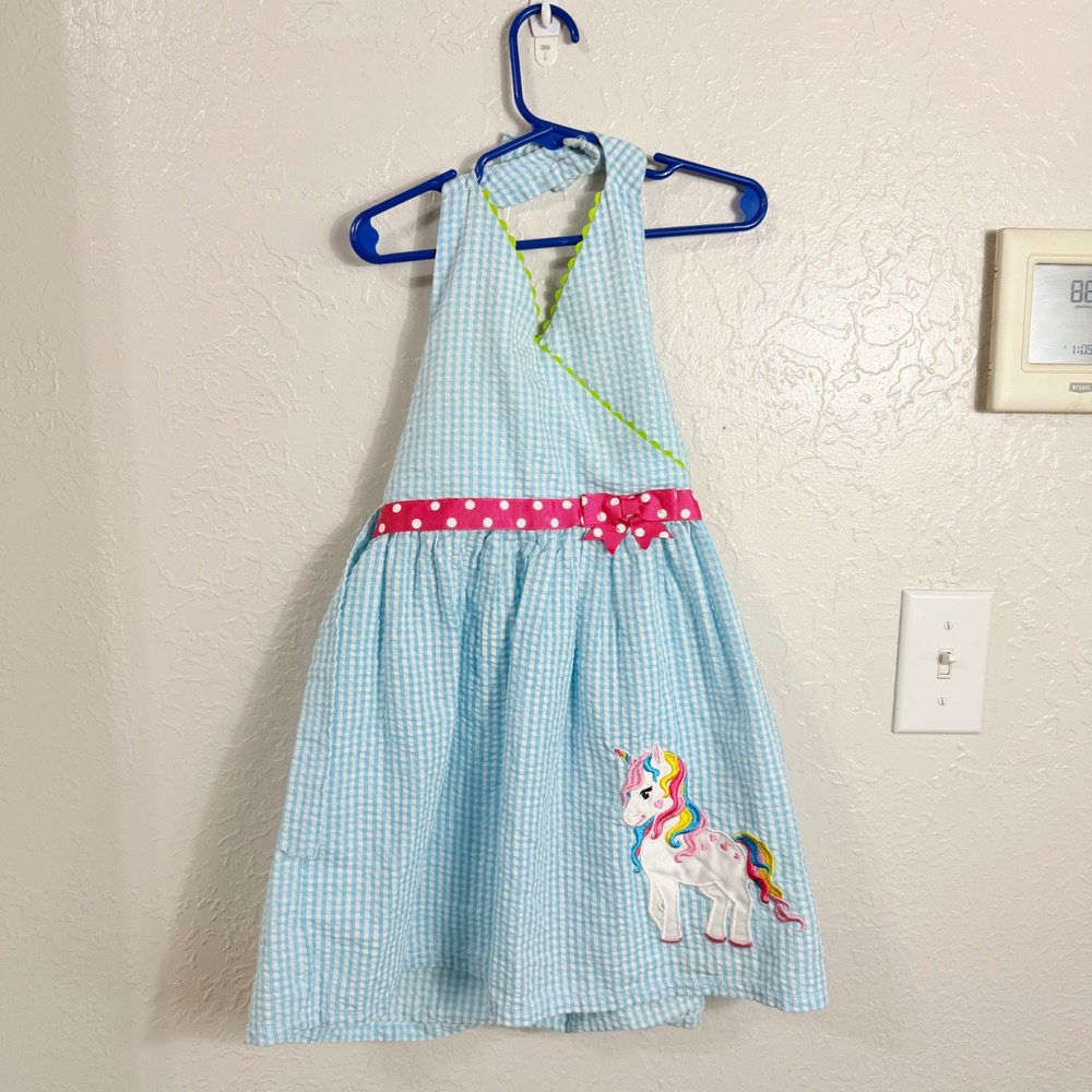Emily Rose Girls Turquoise Gingham Unicorn Halter Dress Pink Polka Dot Bow Sz 5